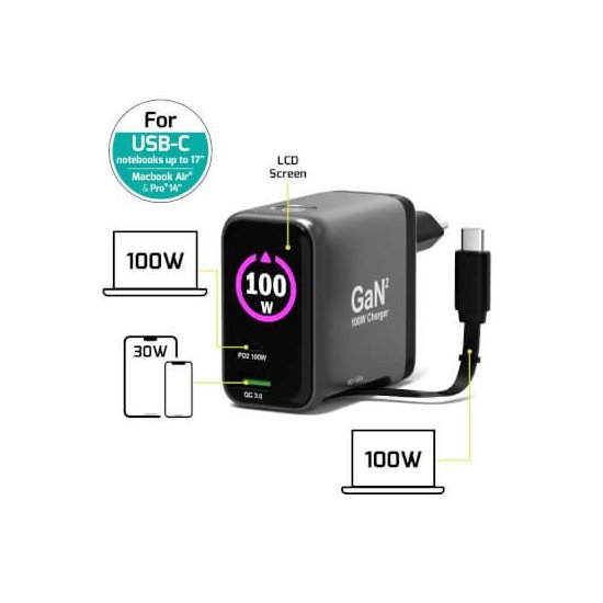 Port Designs- Alim USB A&C GaN2 PD3.0 100W LCD Retract C