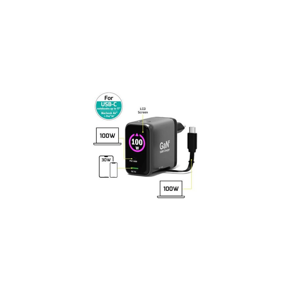 Port Designs- Alim USB A&C GaN2 PD3.0 100W LCD Retract C