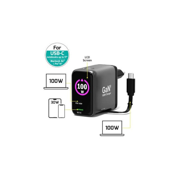 Port Designs- Alim USB A&C GaN2 PD3.0 100W LCD Retract C