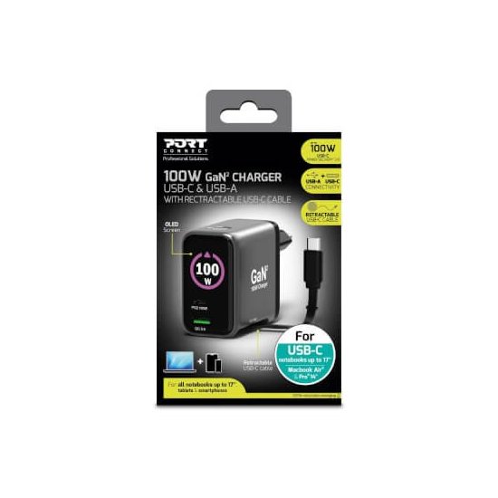 Port Designs- Alim USB A&C GaN2 PD3.0 100W LCD Retract C