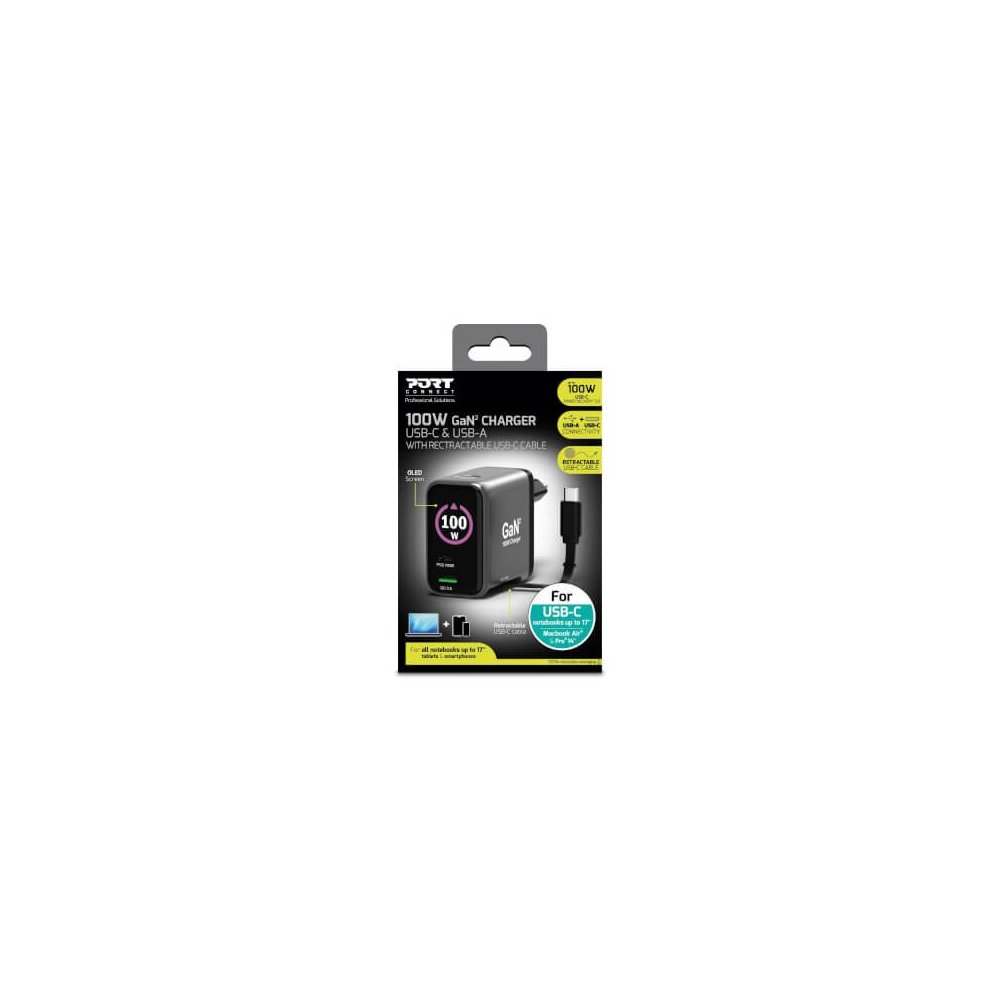 Port Designs- Alim USB A&C GaN2 PD3.0 100W LCD Retract C