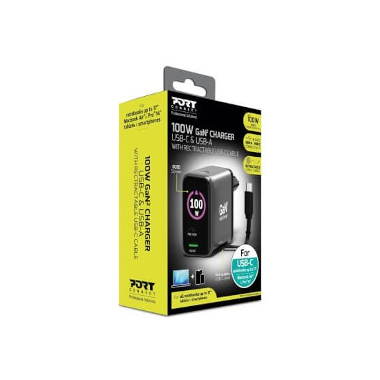 Port Designs- Alim USB A&C GaN2 PD3.0 100W LCD Retract C