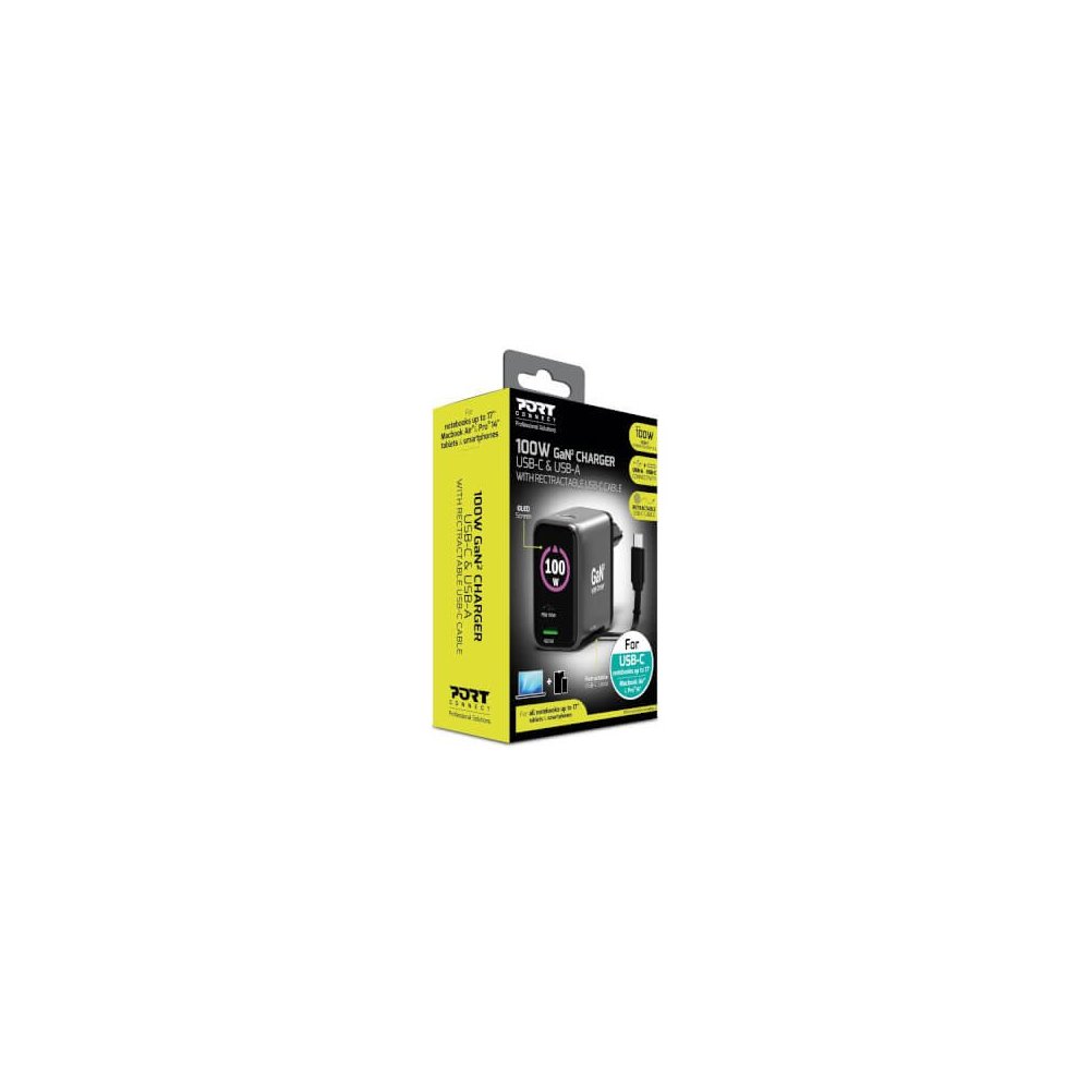 Port Designs- Alim USB A&C GaN2 PD3.0 100W LCD Retract C