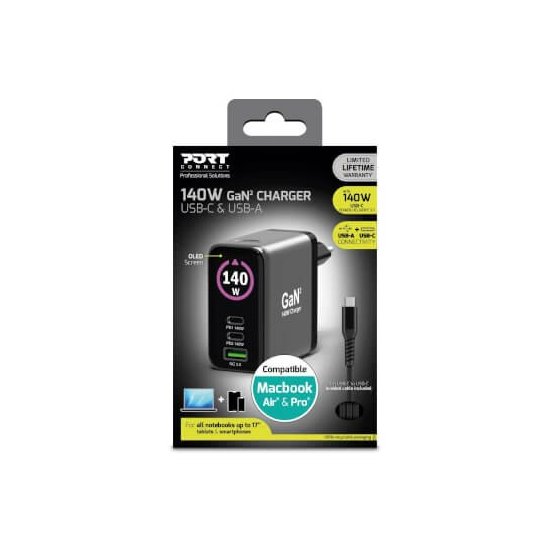 Port Designs- Alim USB A&C GaN2 PD3.1 140W LCD comp. MacBook PRO