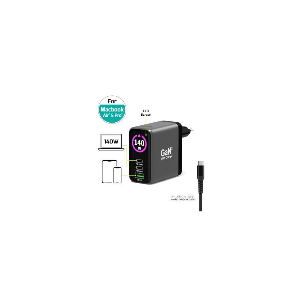Port Designs- Alim USB A&C GaN2 PD3.1 140W LCD comp. MacBook PRO