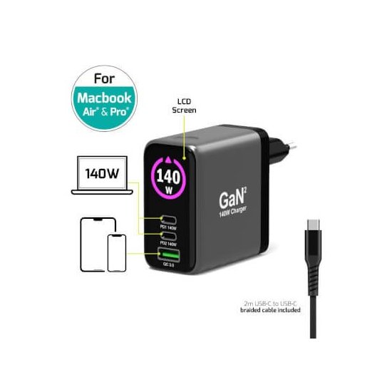 Port Designs- Alim USB A&C GaN2 PD3.1 140W LCD comp. MacBook PRO