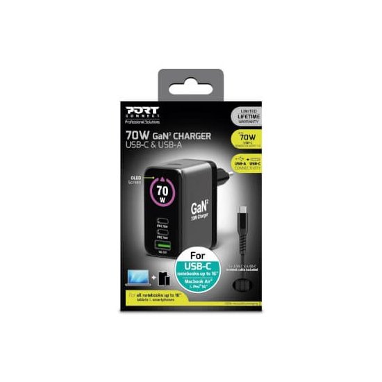 Port Designs- Alim USB A&C GaN2 PD3.1 70W LCD comp. MacBook PRO