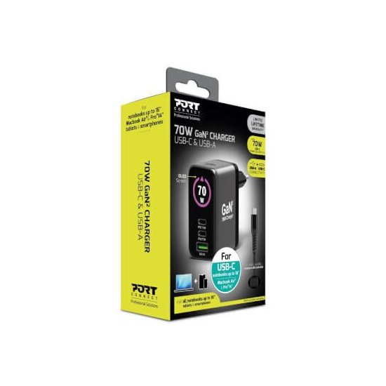 Port Designs- Alim USB A&C GaN2 PD3.1 70W LCD comp. MacBook PRO