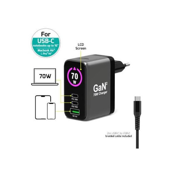 Port Designs- Alim USB A&C GaN2 PD3.1 70W LCD comp. MacBook PRO