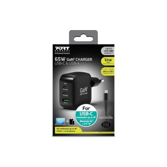 Port Designs- Alimentation USB A&C GaN2 3 ports PD 65W câble 2m