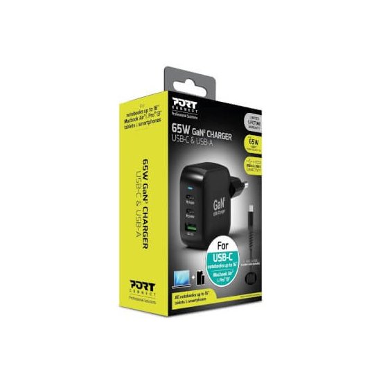 Port Designs- Alimentation USB A&C GaN2 3 ports PD 65W câble 2m