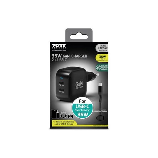 Port Designs- Alim USB Type-C x2 PD 35W GaN2 wall plug + câble