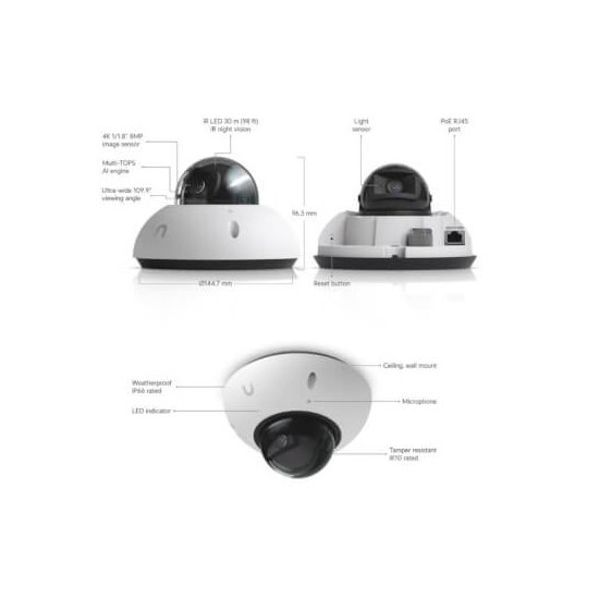 Ubiquiti- Caméra G6 Dome 4K IR 30m IP66/IK10 avec IA blanche
