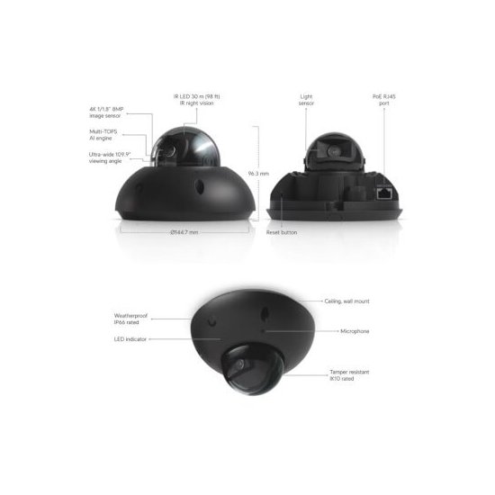 Ubiquiti-  Caméra G6 Dome 4K IR 30m IP66/IK10 avec IA noire